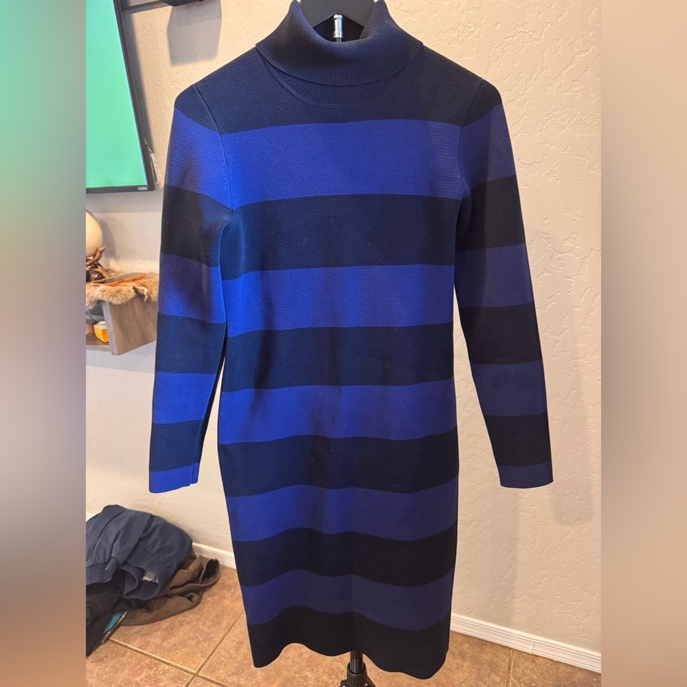 J. Crew Blue and Black Ribbed Turtleneck Sweater Dress